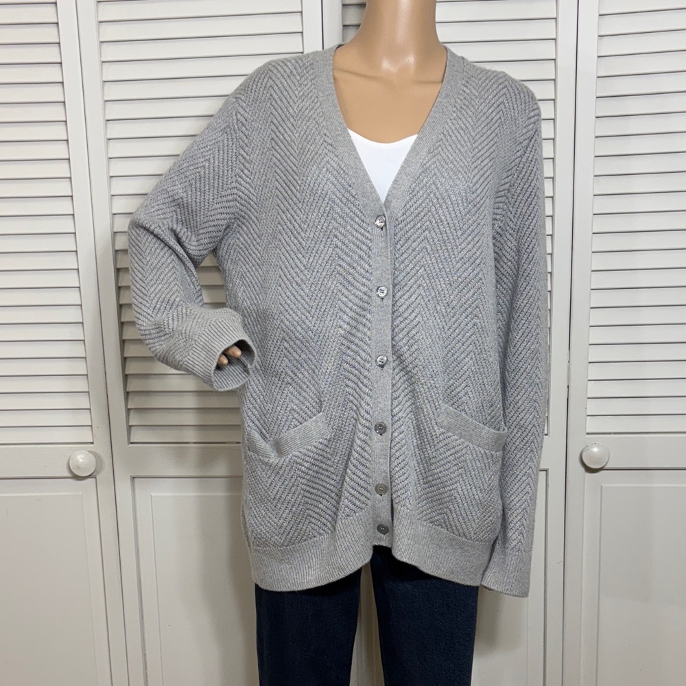 Ralph Lauren Purple Label Light Gray Herringbone Knit Cardigan